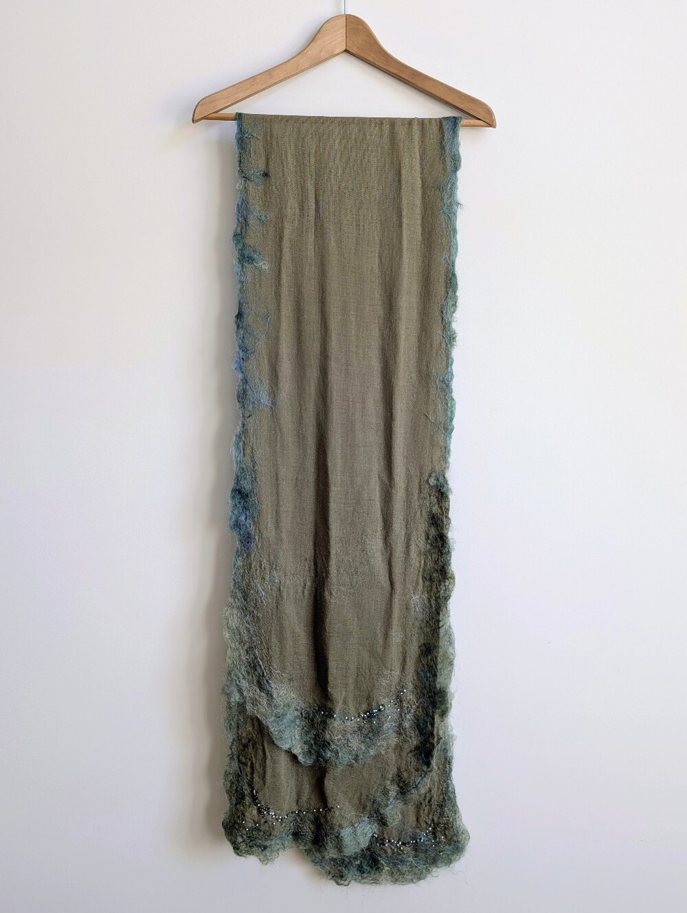 Wool Mohair Trim Beaded Scarf Green Blue